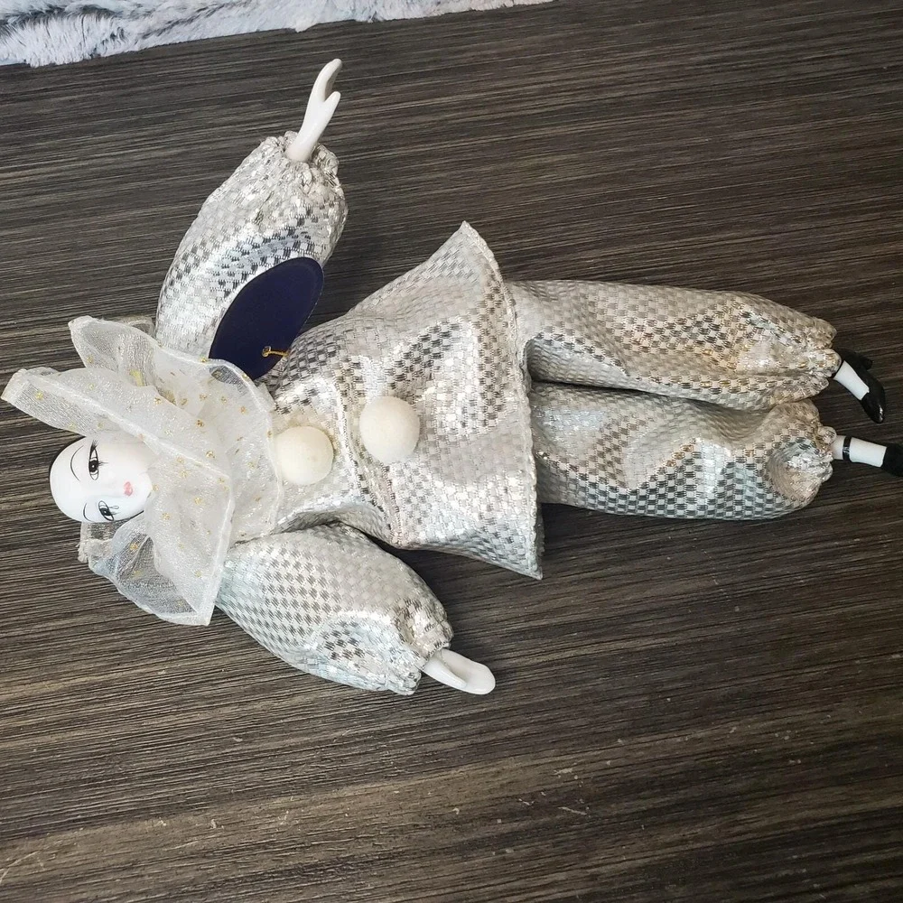 Royal Heirloom Collection 10 in Porcelain Clown Doll Shiny Silver Ruffled Suit